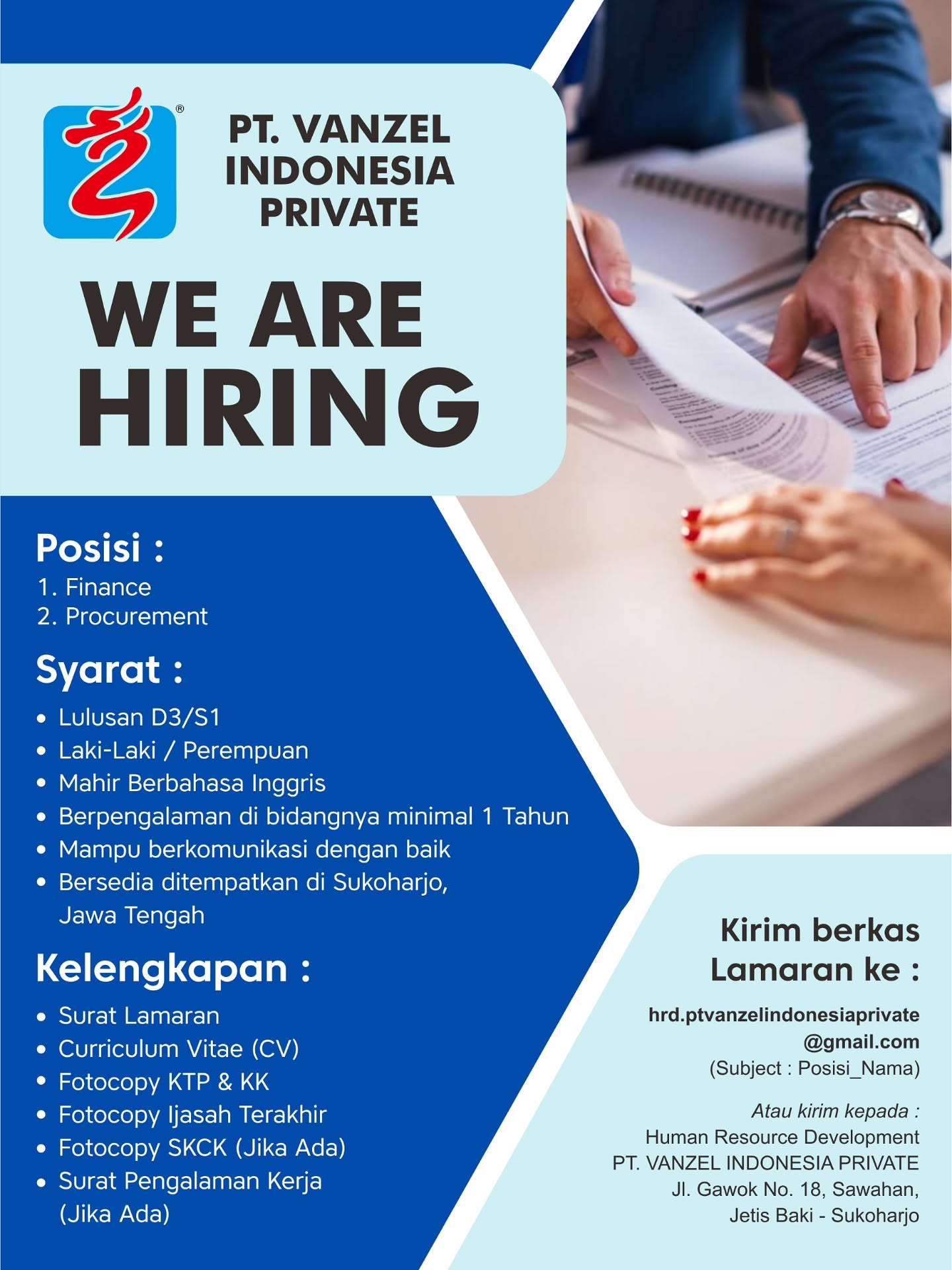Poster Lowongan Kerja PT. Vanzel Indonesia Private