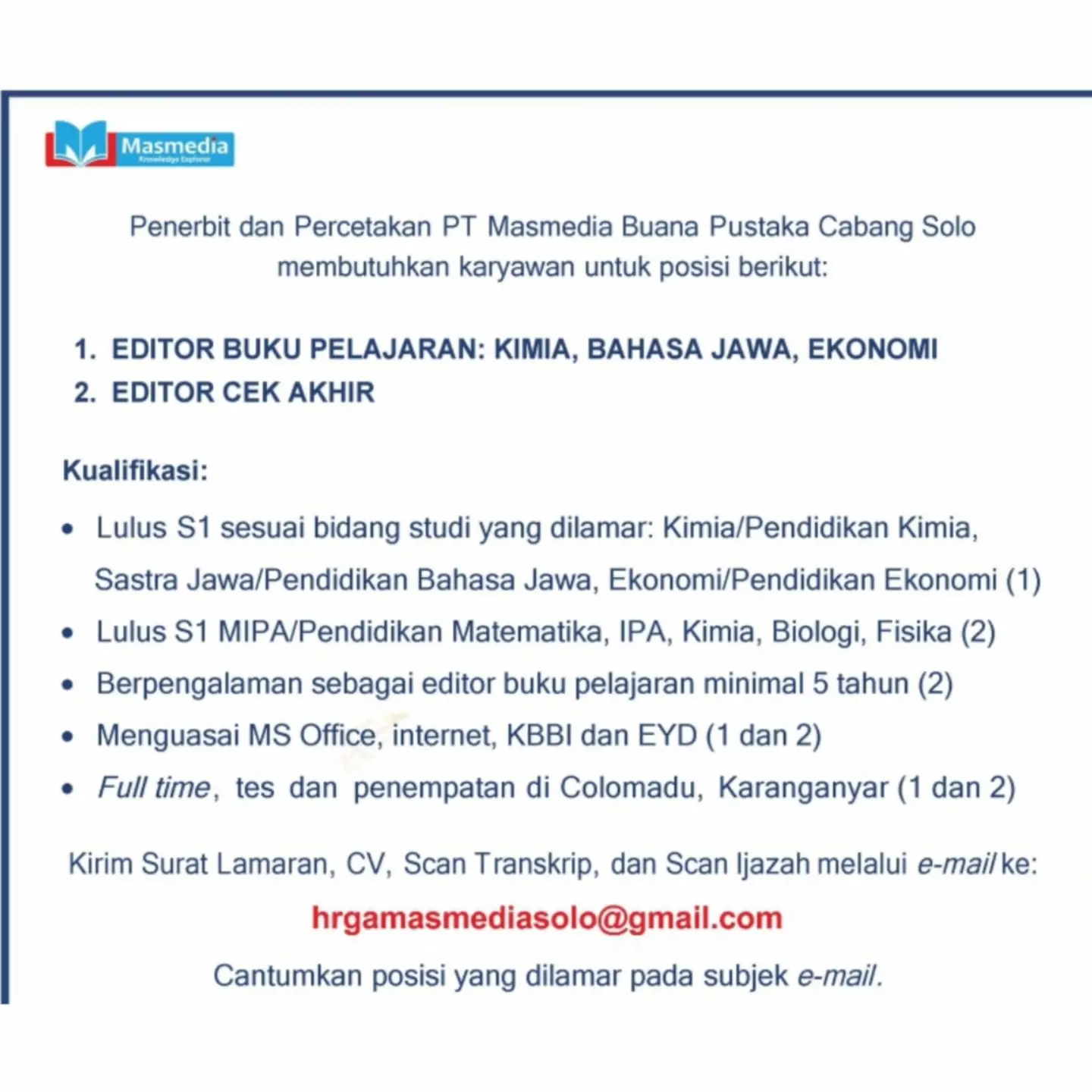 Poster Lowongan Kerja PT Masmedia Buana Pustaka Cabang Solo Slide 1