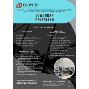 Lowongan Kerja di FILA DJAYA MANDIRI (FILAPLAS) (Staff Admin, HRD Recruitment, & Operator Bubut & Milling) – Karanganyar