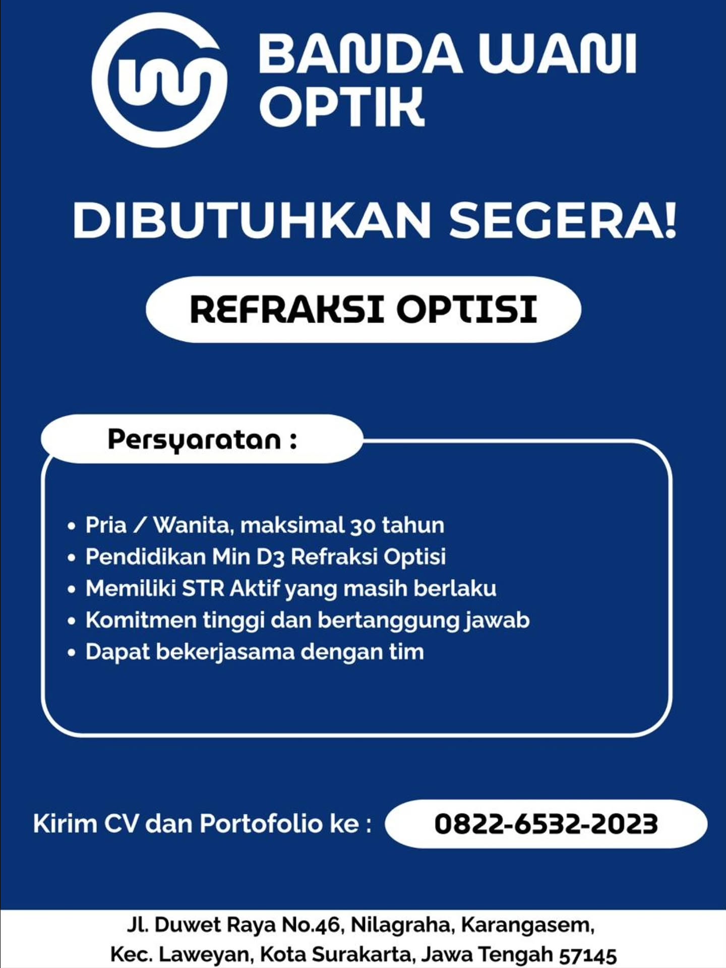 Poster Lowongan Kerja Refraksi Optisi - Banda Wani Optik