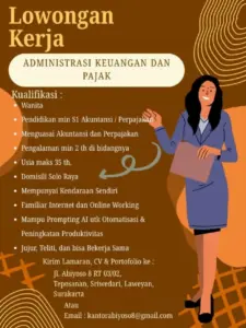 Lowongan Kerja Administrasi Keuangan dan Pajak di Kantor Abiyoso 8 (Laweyan, Surakarta)
