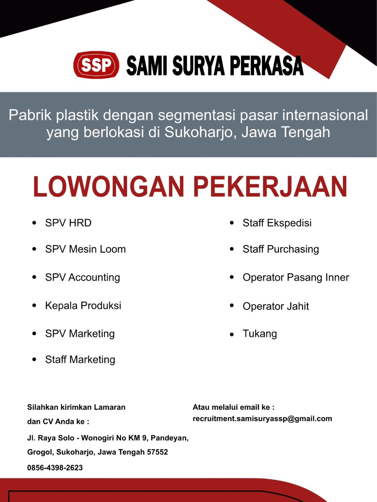 Poster Lowongan Kerja Sami Surya Perkasa Slide 1