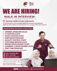 Lowongan Kerja di PT. Berkah Ridho Cinta Indonesia (Brownies Cinta) (4 Posisi (General Manager Sales, IT Support Staff, dll)) – Karanganyar