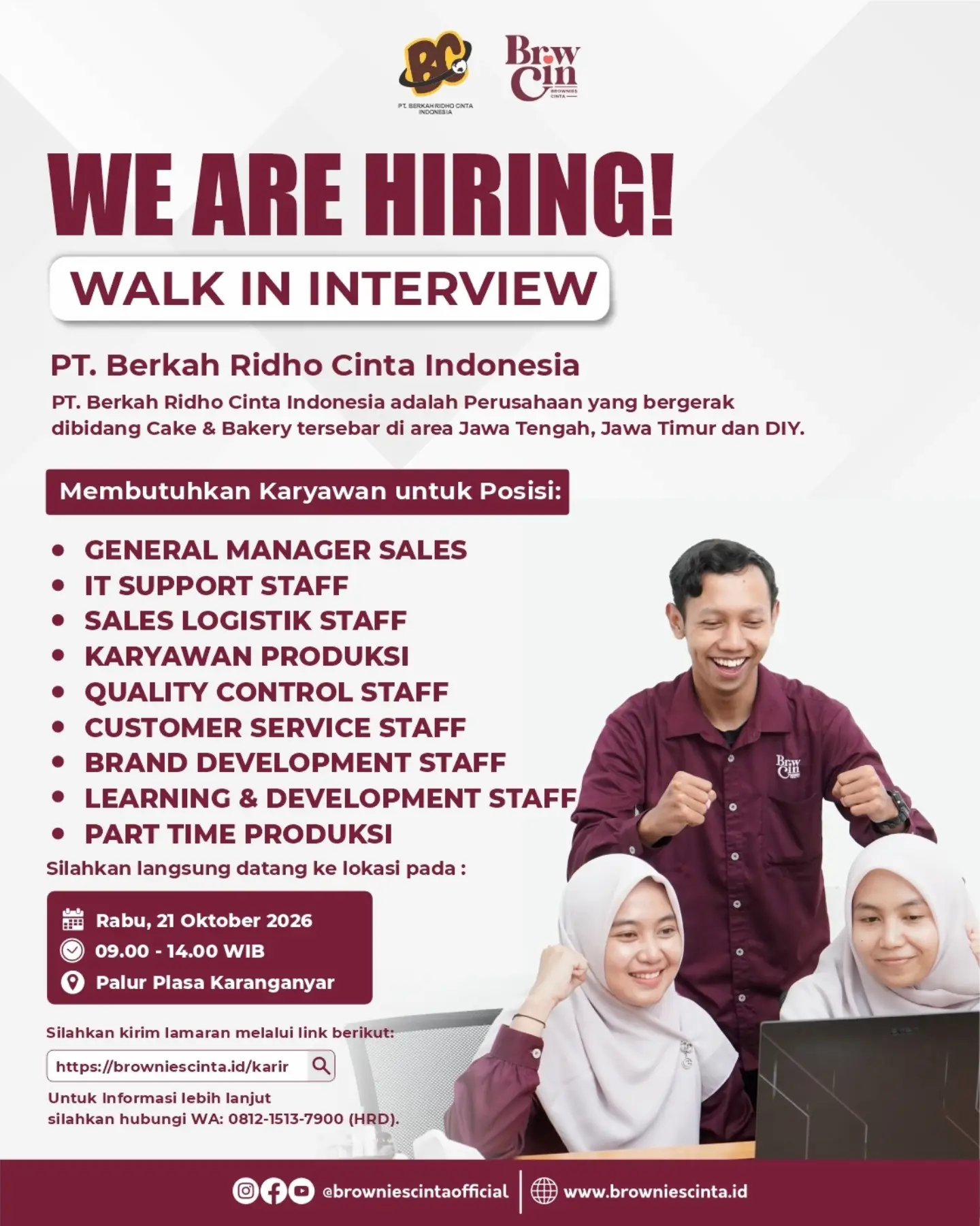 Poster Lowongan Kerja PT. Berkah Ridho Cinta Indonesia (Brownies Cinta) Slide 1