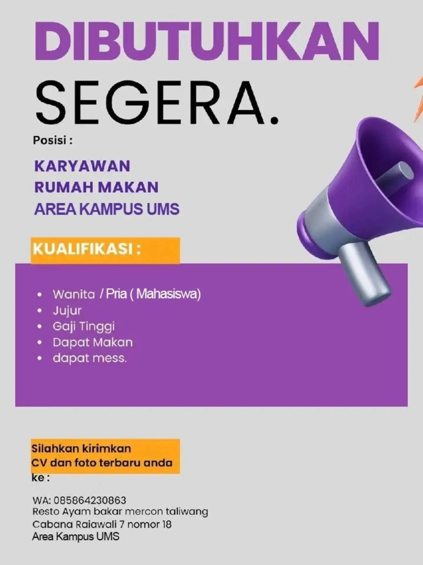 Poster Lowongan Kerja Karyawan Rumah Makan - Rumah Makan Ayam Bakar Mercon Taliwang