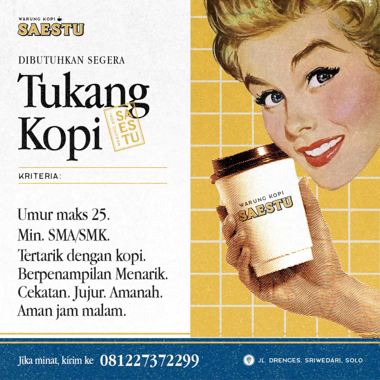 Poster Lowongan Kerja Tukang Kopi - Warung Kopi Saestu