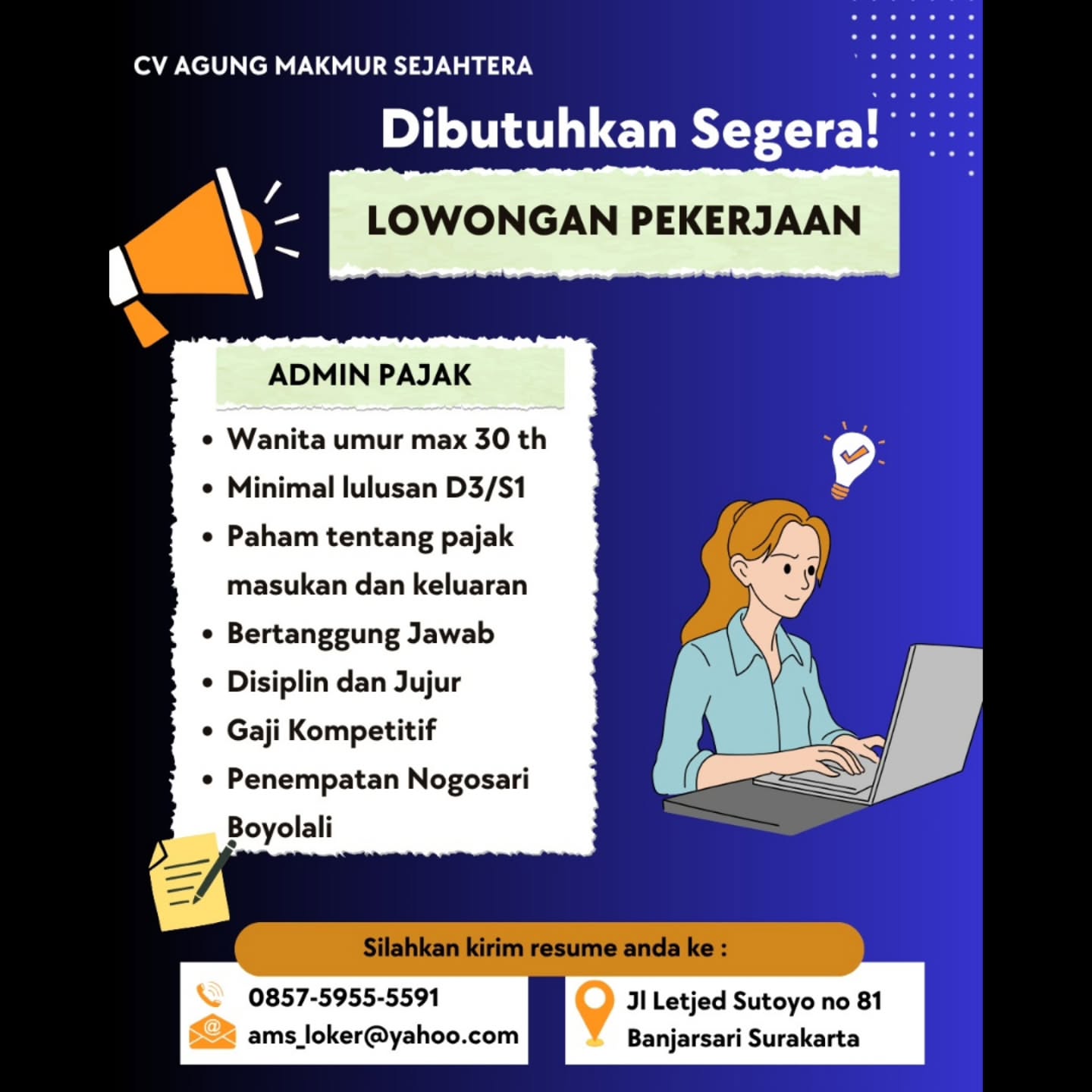 Poster Lowongan Kerja CV Agung Makmur Sejahtera Slide 1