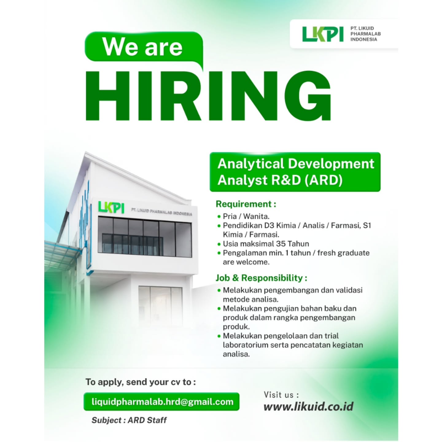 Poster Lowongan Kerja PT. Likuid Pharmalab Indonesia Slide 1