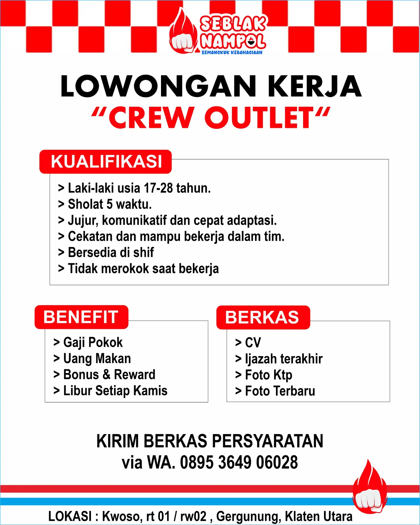 Poster Lowongan Kerja Crew Outlet - Seblak Nampol