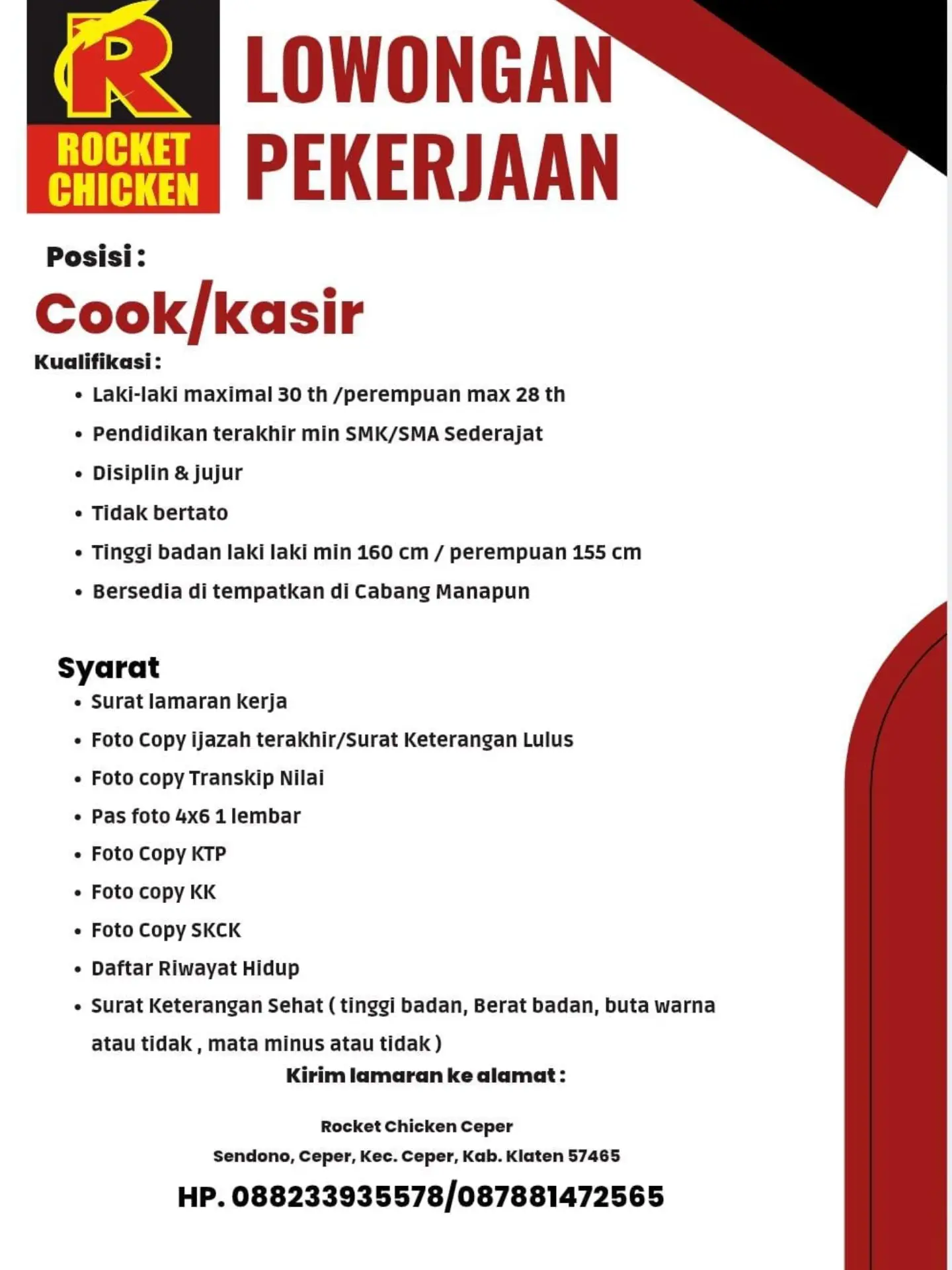 Poster Lowongan Kerja Cook / Kasir - Rocket Chicken Ceper