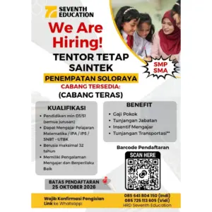 Lowongan Kerja Tentor Tetap Saintek di Seventh Education (Teras, Boyolali)