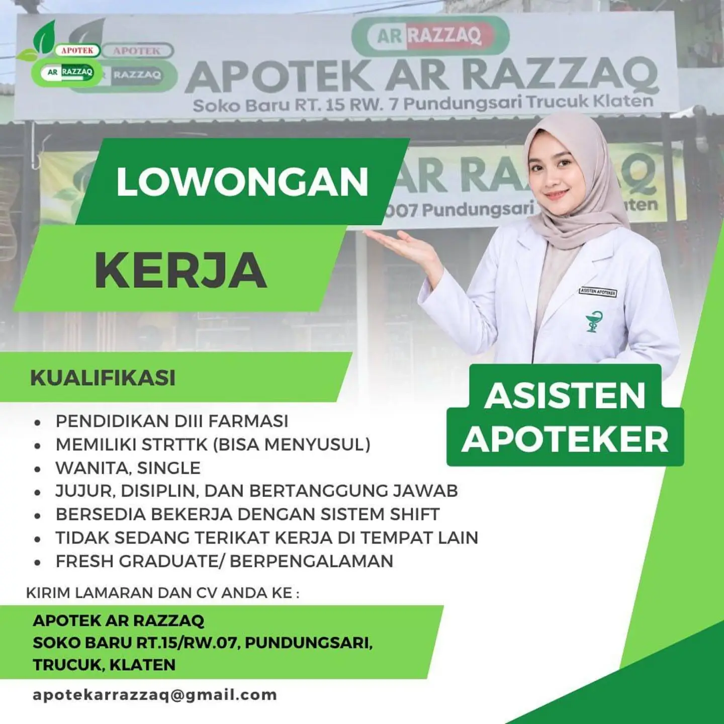 Poster Lowongan Kerja Asisten Apoteker - Apotek Ar Razzaq