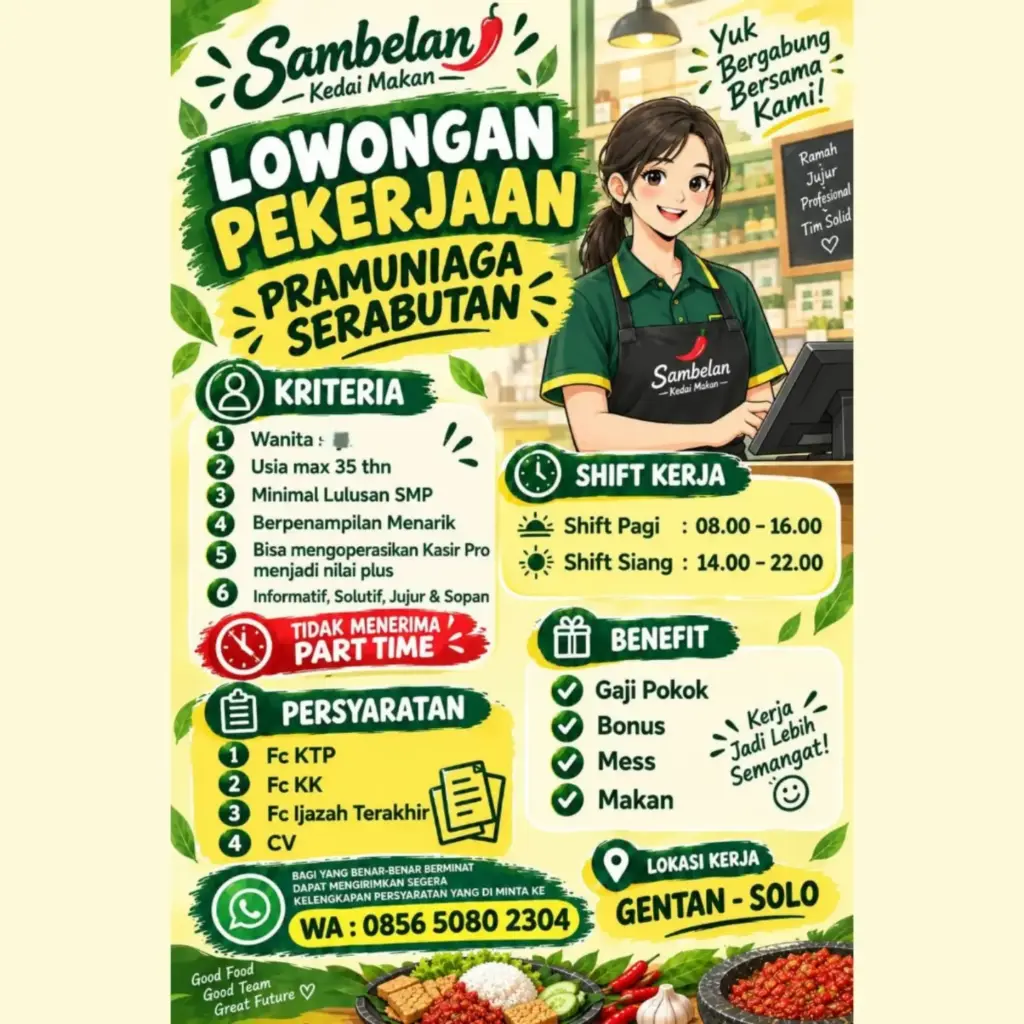 Poster Lowongan Kerja Pramuniaga Serabutan - Sambelan Kedai Makan