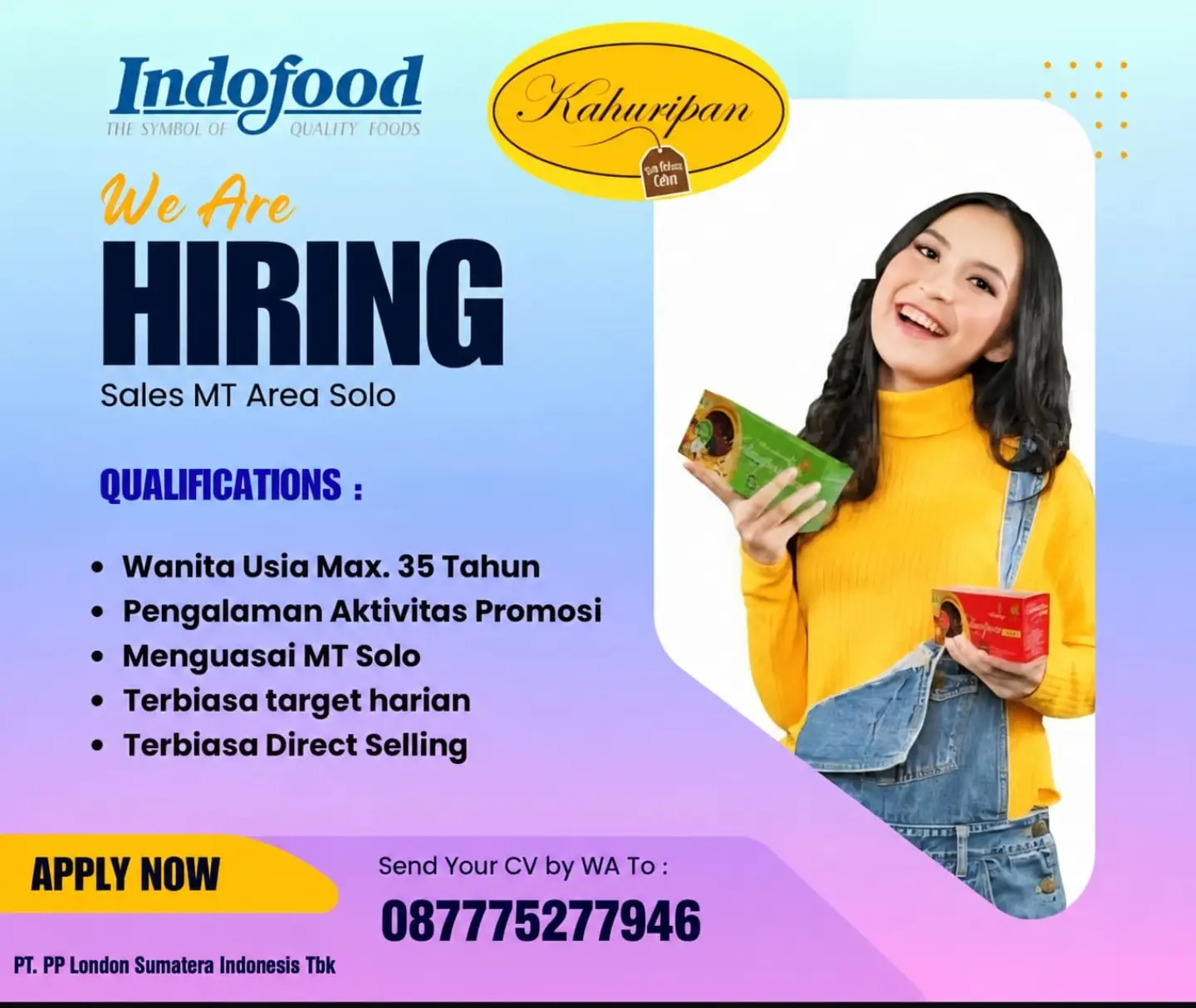 Poster Lowongan Kerja Sales MT - Indofood Kahuripan (PT PP London Sumatra Indonesia Tbk)