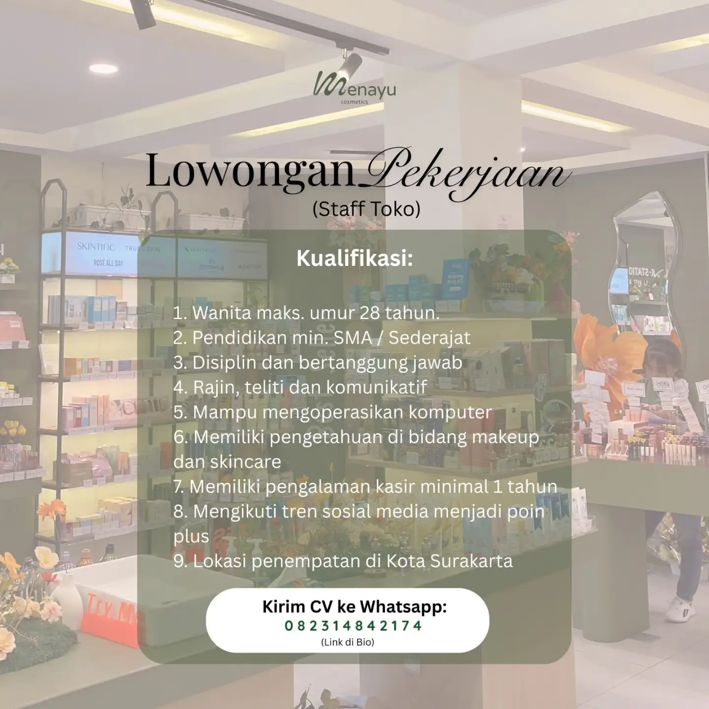 Poster Lowongan Kerja Staff Toko - Menayu Cosmetics