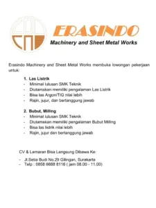 Lowongan Kerja di Erasindo Machinery and Sheet Metal Works (Las Listrik & Bubut & Milling) – Surakarta