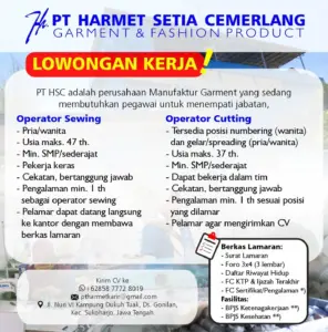 Lowongan Kerja di PT Harmet Setia Cemerlang & PT Harmet Global Defence (6 Posisi (Operator Sewing, Operator Cutting, dll)) – Sukoharjo & Klaten