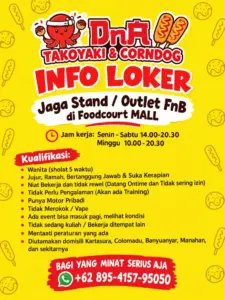 Lowongan Kerja Jaga Stand / Outlet FnB di DnA Takoyaki & Corndog (Solo (Foodcourt Mall))