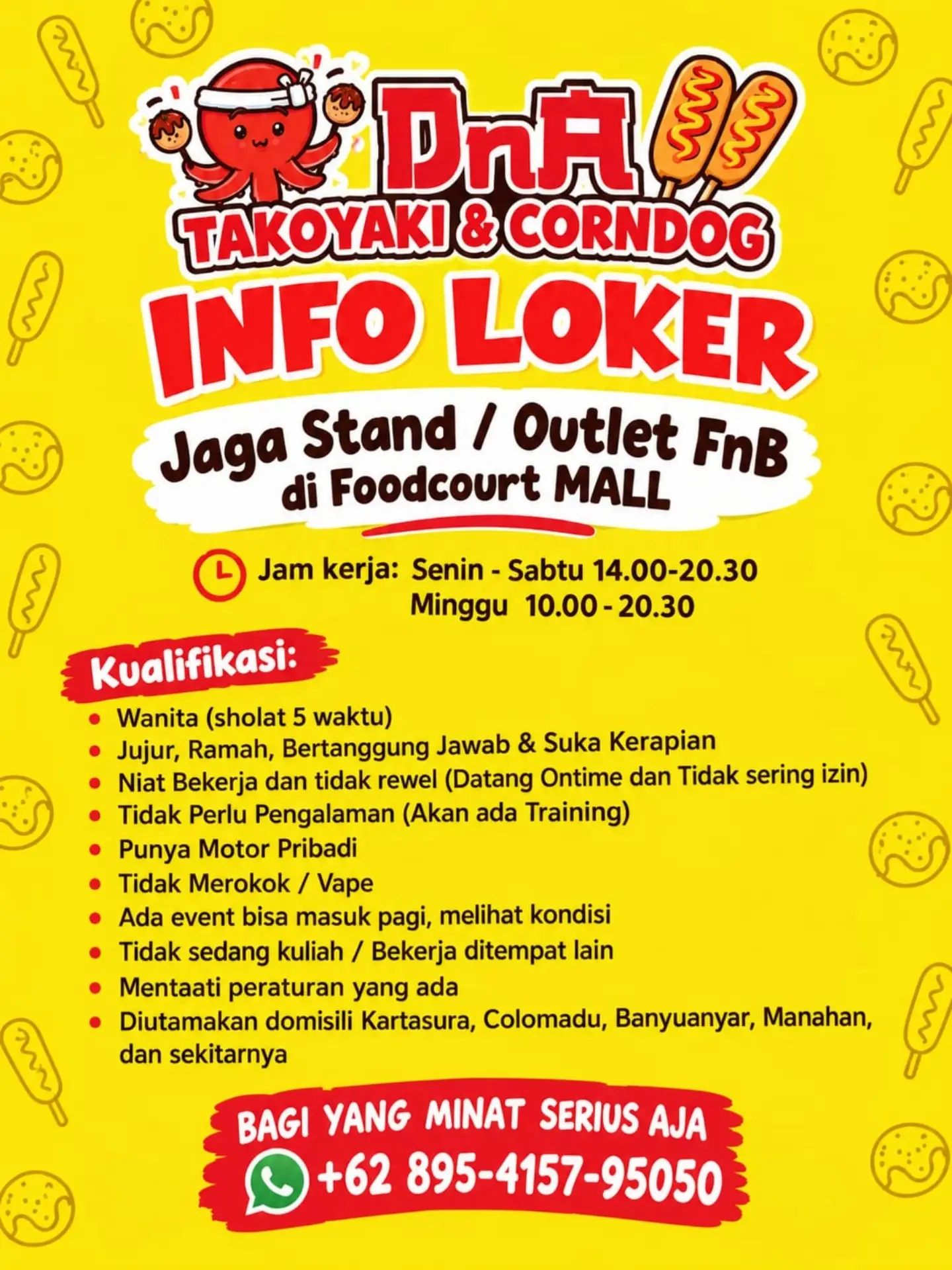 Poster Lowongan Kerja Jaga Stand / Outlet FnB - DnA Takoyaki & Corndog