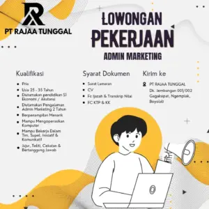 Lowongan Kerja Admin Marketing di PT Rajaa Tunggal (Ngemplak, Boyolali)