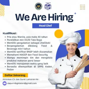 Lowongan Kerja Head Chef di SPPG Keden (Yayasan Panca Selaras Makmur / Badan Gizi Nasional) (SPPG Keden, Pedan, Klaten)