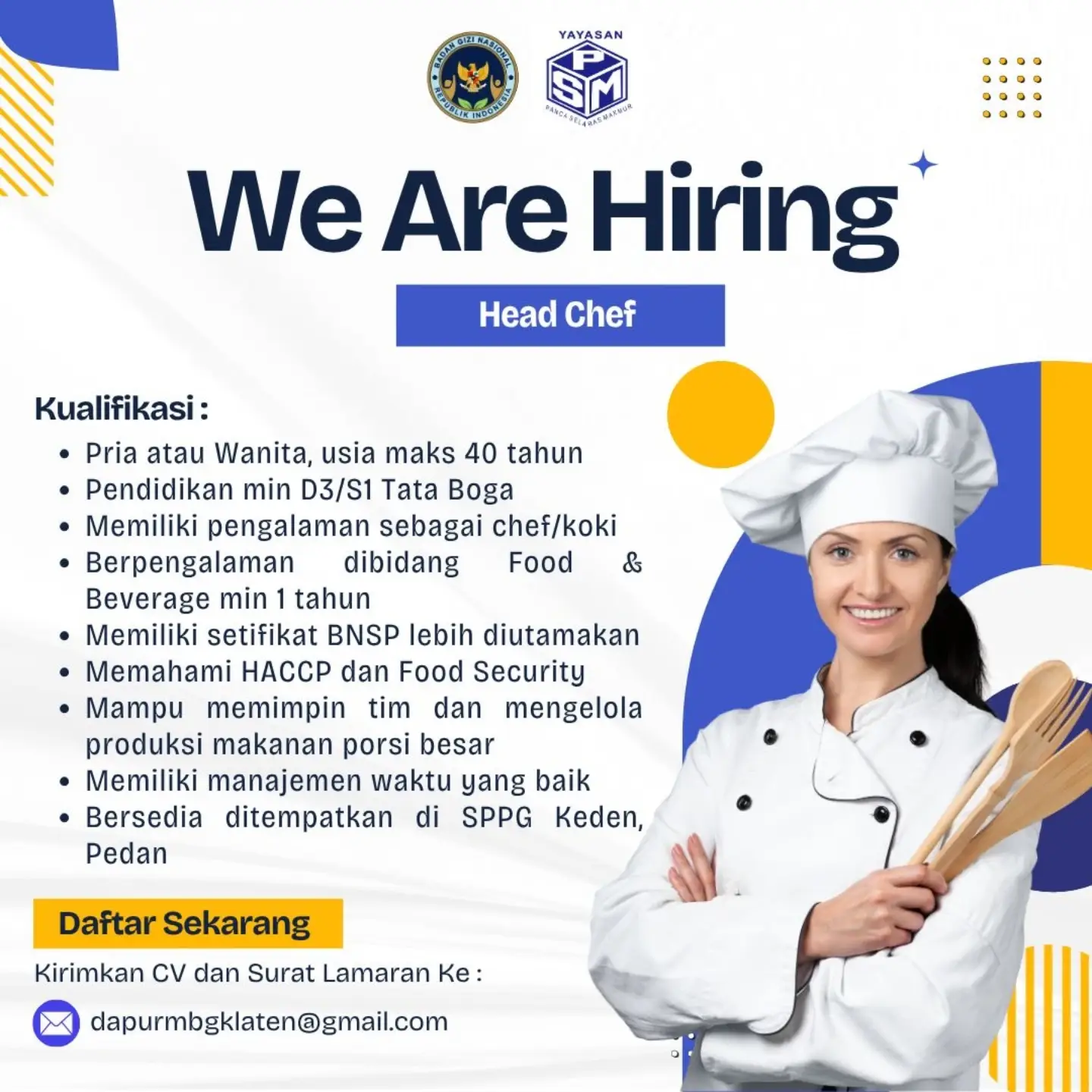 Poster Lowongan Kerja Head Chef - SPPG Keden (Yayasan Panca Selaras Makmur / Badan Gizi Nasional)