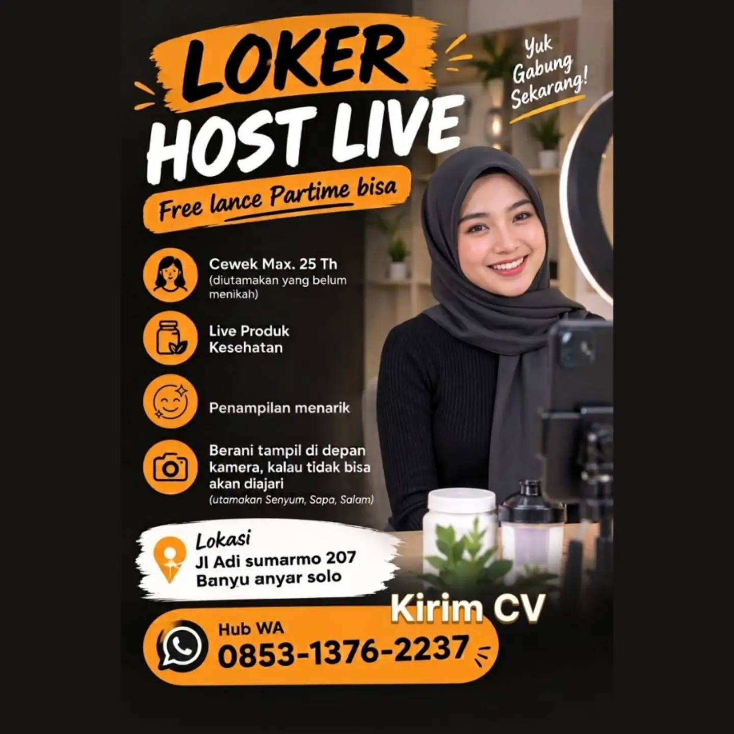 Poster Lowongan Kerja Host Live Streaming - Host Live Produk Kesehatan (Jl. Adi Sumarmo 207)