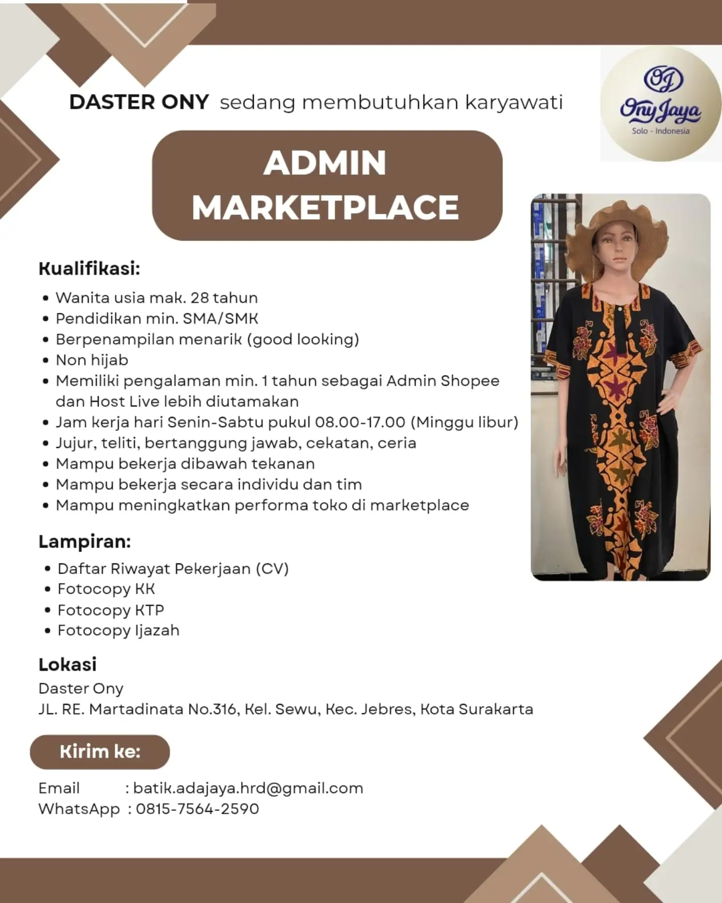 Poster Lowongan Kerja Admin Marketplace - Daster Ony (Ony Jaya)