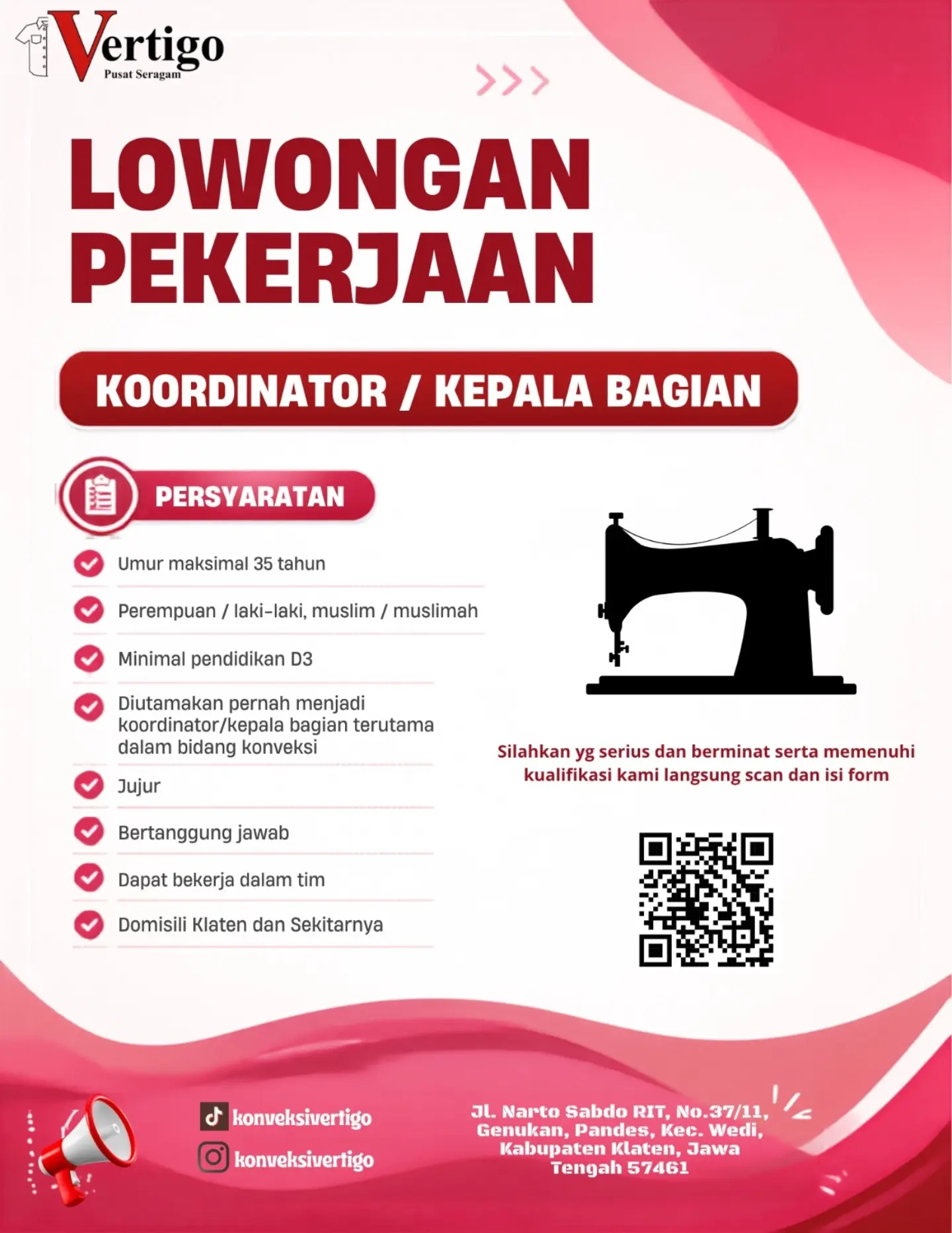 Poster Lowongan Kerja Koordinator / Kepala Bagian - Vertigo Pusat Seragam