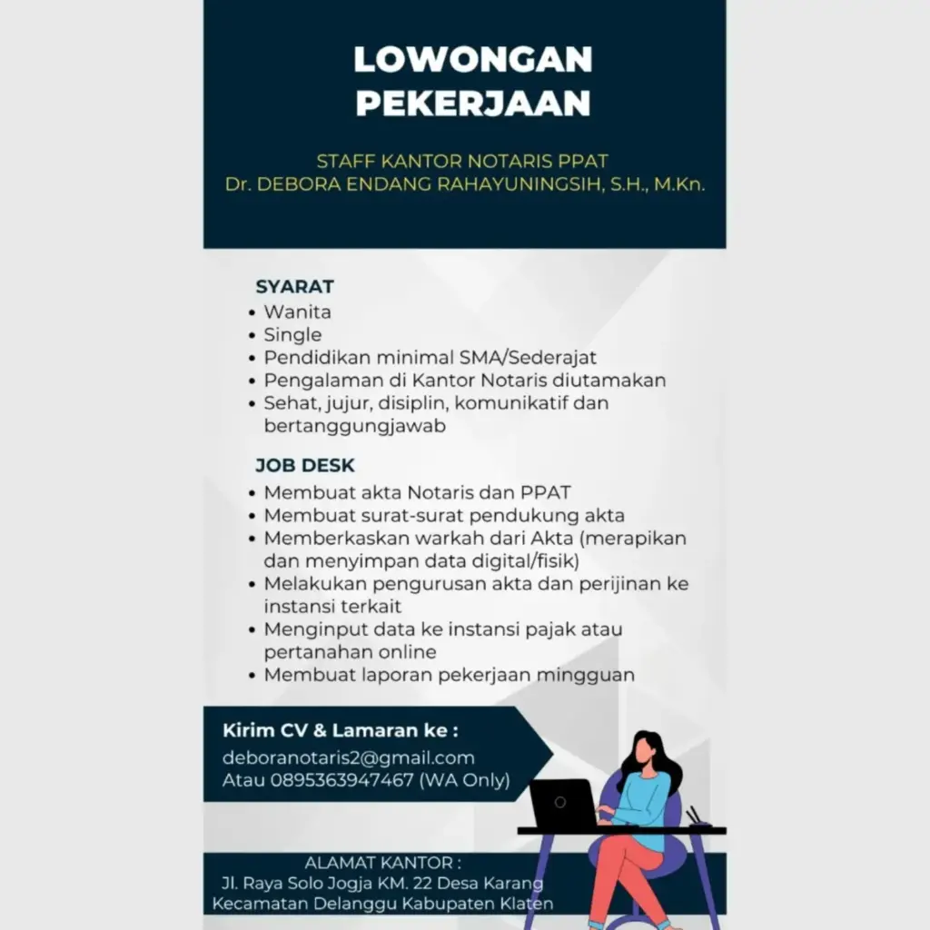 Poster Lowongan Kerja Staff Kantor Notaris & PPAT - Kantor Notaris & PPAT Dr. Debora Endang Rahayuningsih, S.H., M.Kn.