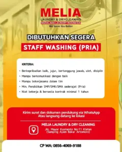 Lowongan Kerja STAFF WASHING (PRIA) di MELIA LAUNDRY & DRYCLEANING (Klaten)