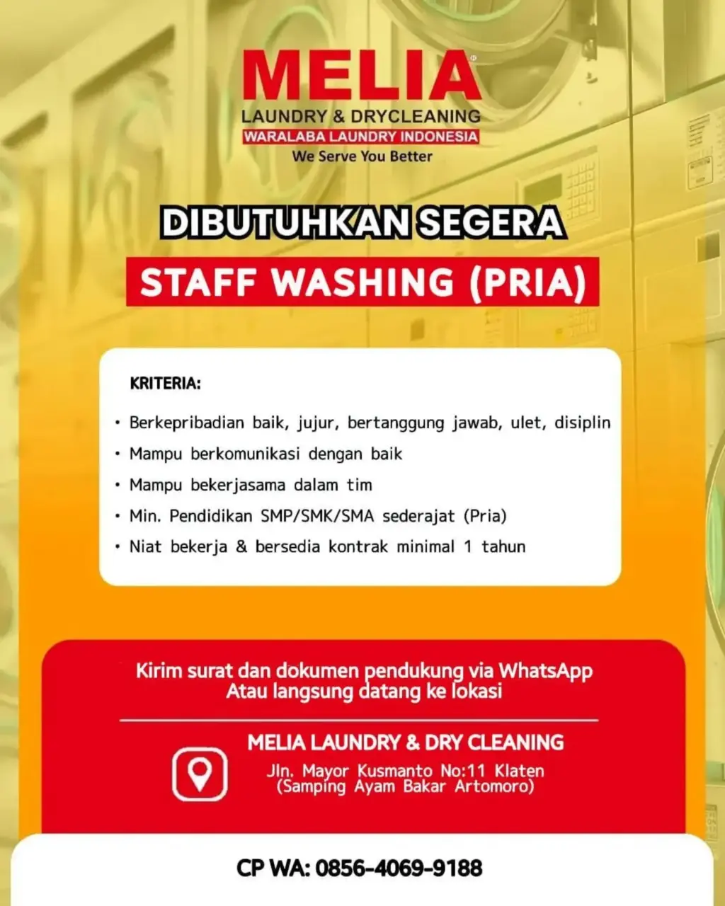 Poster Lowongan Kerja STAFF WASHING (PRIA) - MELIA LAUNDRY & DRYCLEANING