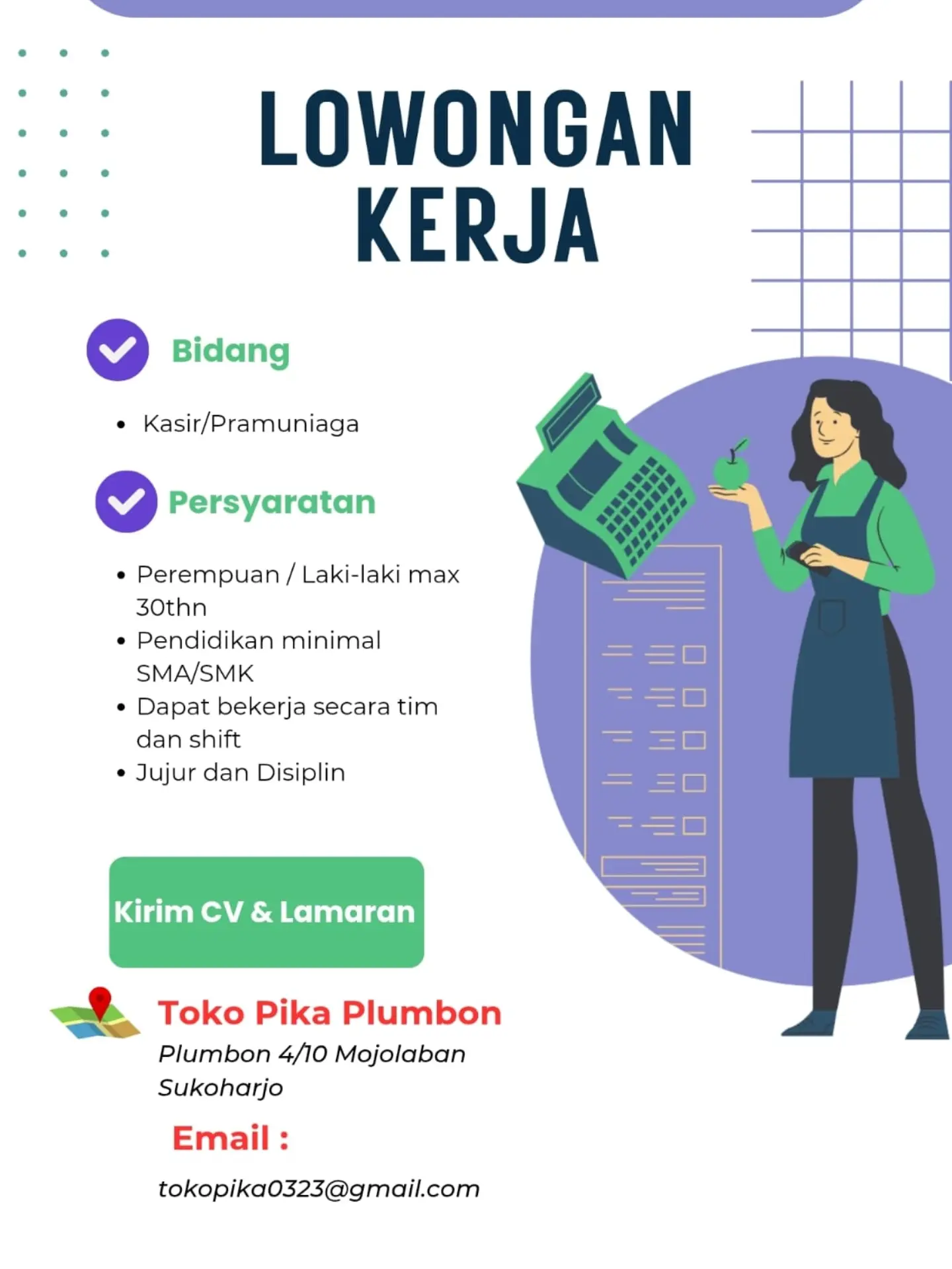 Poster Lowongan Kerja Kasir / Pramuniaga - Toko Pika Plumbon