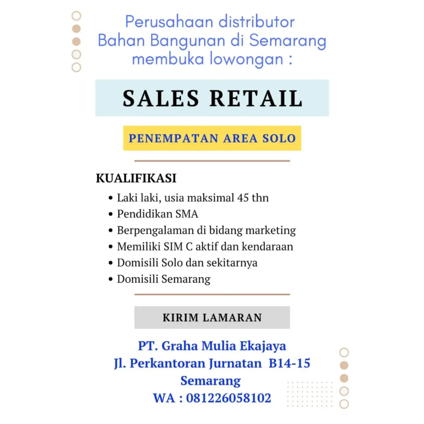 Poster Lowongan Kerja Sales Retail - PT Graha Mulia Ekajaya