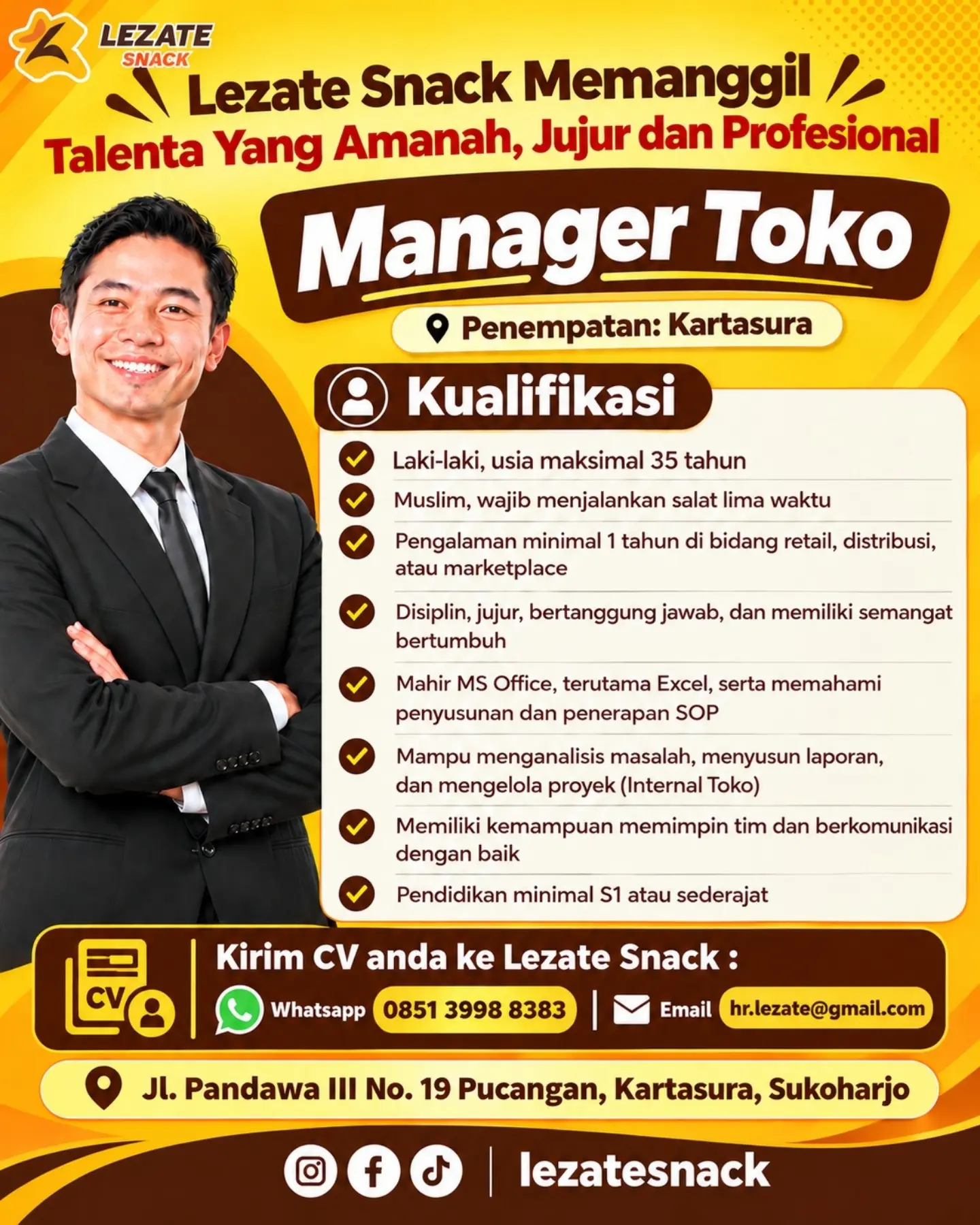 Poster Lowongan Kerja Manager Toko - Lezate Snack