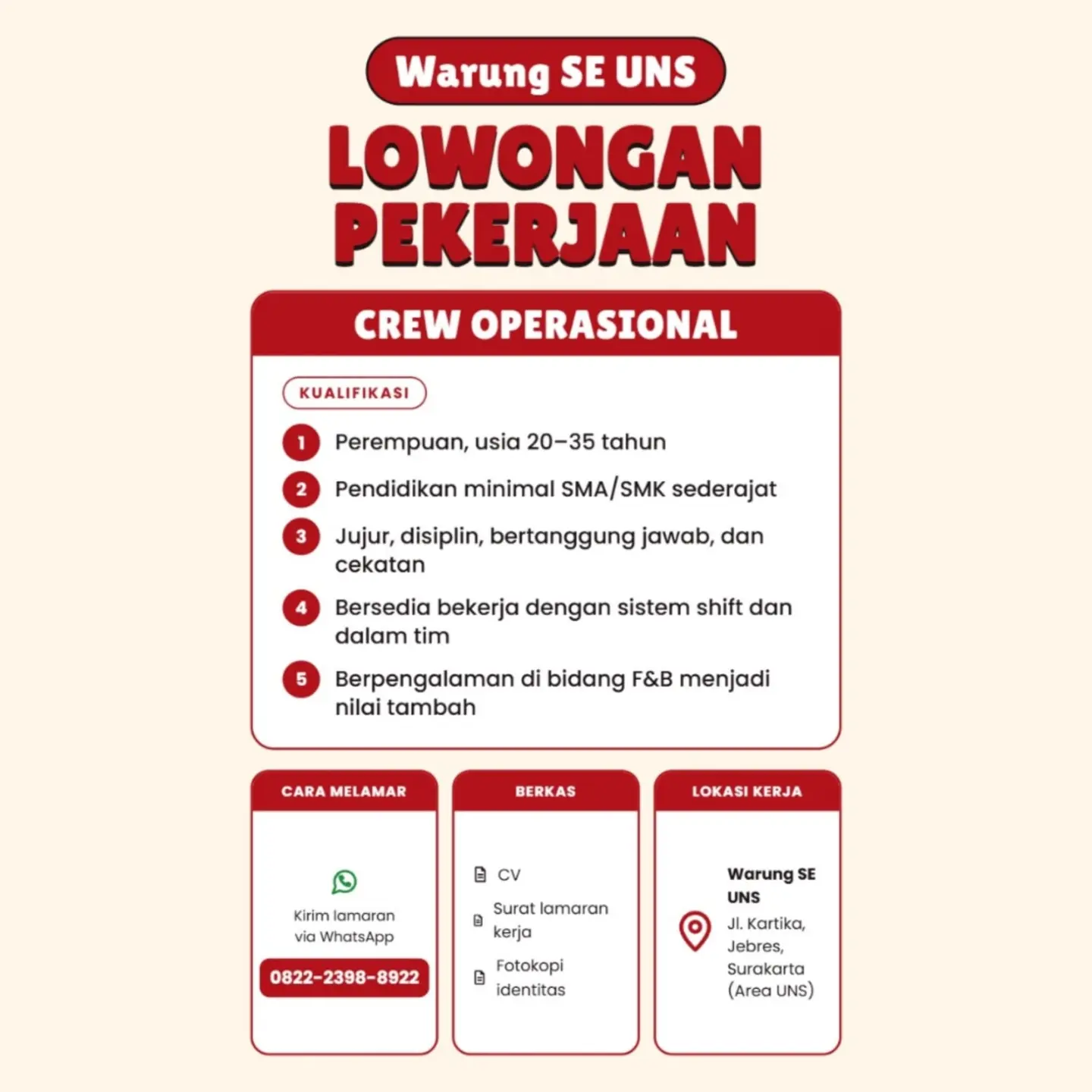 Poster Lowongan Kerja Crew Operasional - Warung SE UNS