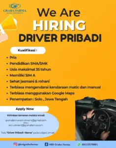 Lowongan Kerja Driver Pribadi di Graha Farma (Solo, Jawa Tengah)