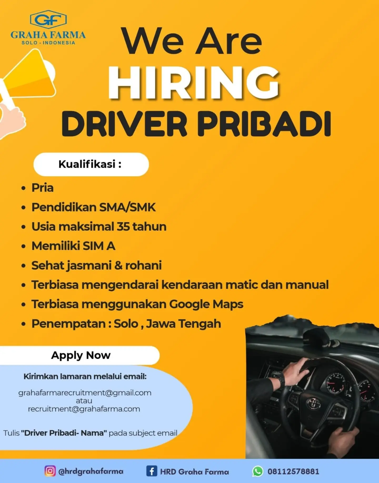 Poster Lowongan Kerja Driver Pribadi - Graha Farma