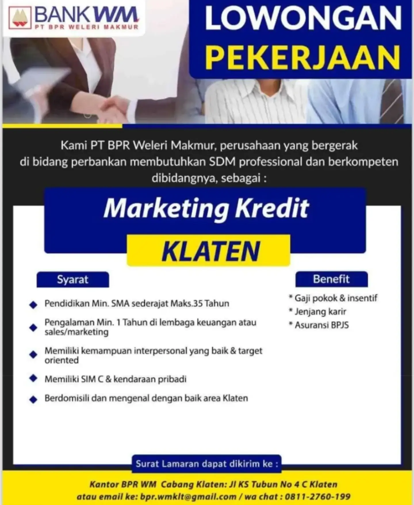 Poster Lowongan Kerja Marketing Kredit - PT BPR Weleri Makmur