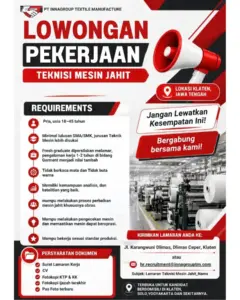 Lowongan Kerja di PT Innagroup Textile Manufacture (Teknisi Mesin Jahit & Elektrik) – Klaten