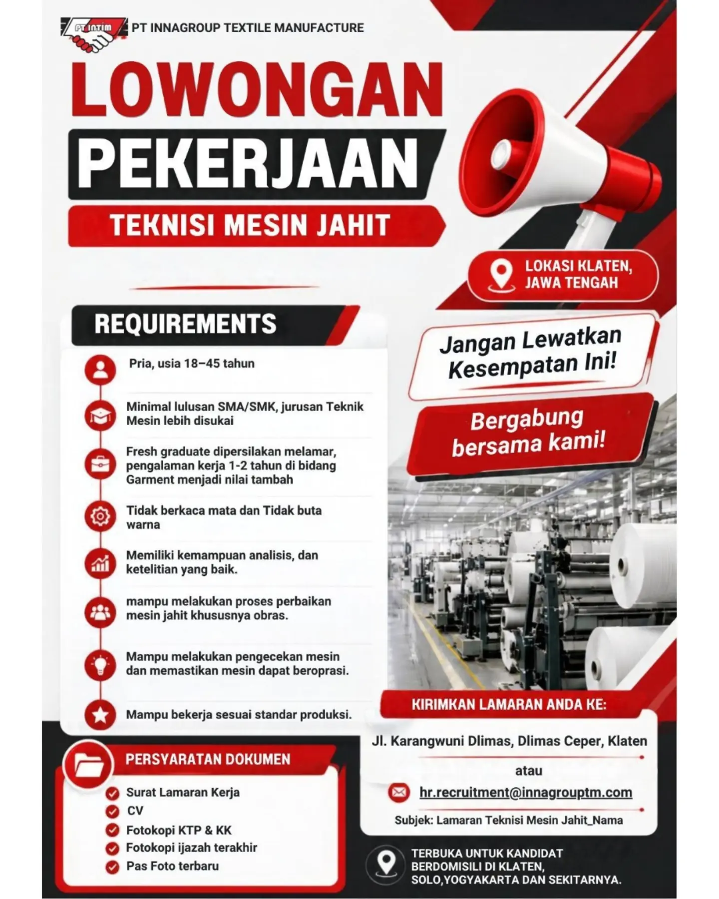 Poster Lowongan Kerja PT Innagroup Textile Manufacture Slide 1
