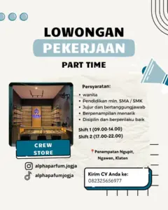 Lowongan Kerja Crew Store Part Time di Alpha Parfum (Ngupit, Ngawen, Klaten)
