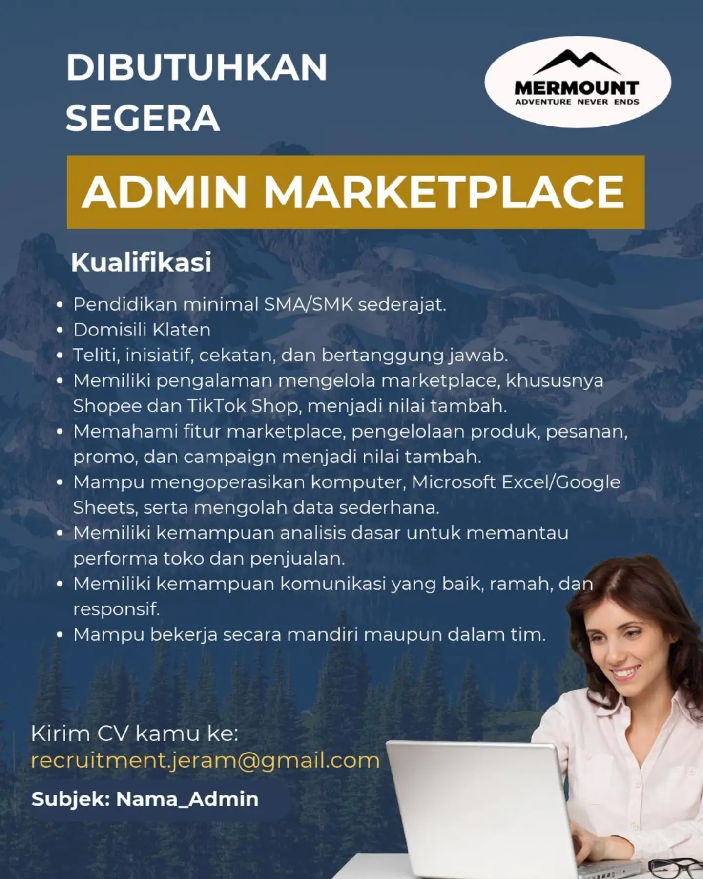 Poster Lowongan Kerja Admin Marketplace - Mermount Adventure