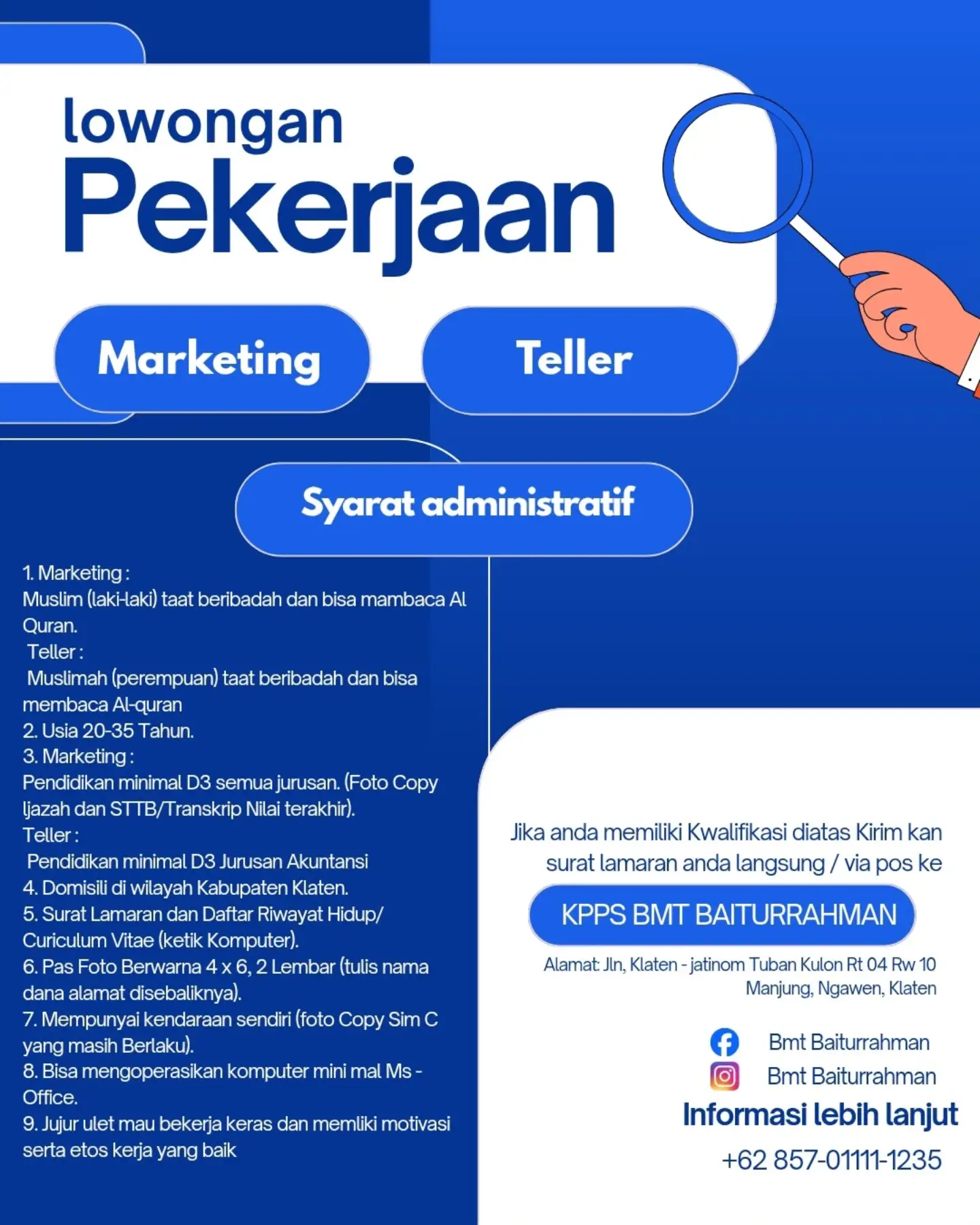 Poster Lowongan Kerja KPPS BMT Baiturrahman