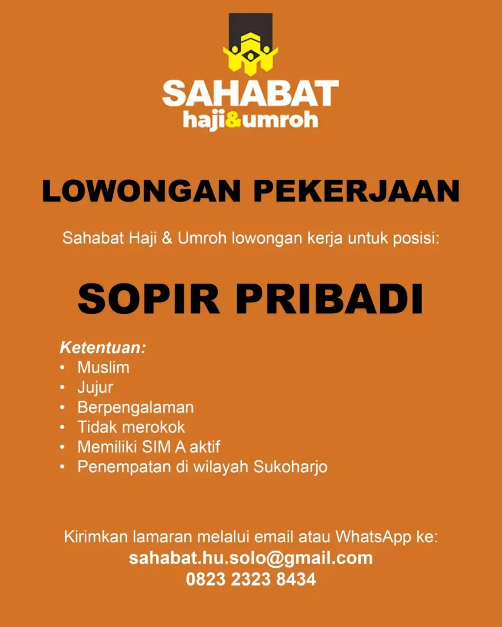 Poster Lowongan Kerja Sopir Pribadi - Sahabat Haji & Umroh
