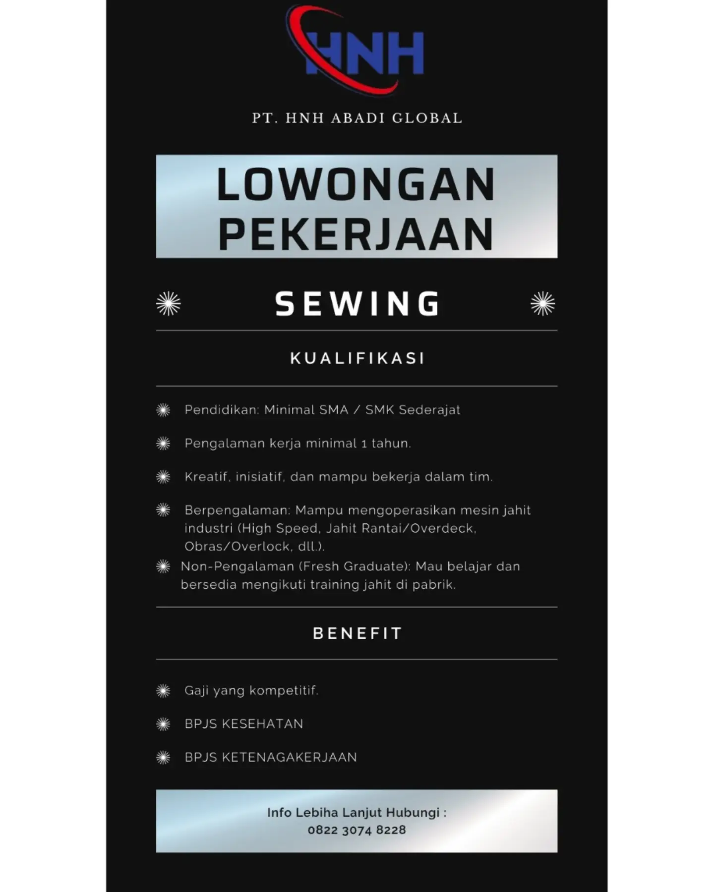 Poster Lowongan Kerja Sewing - PT. HNH Abadi Global