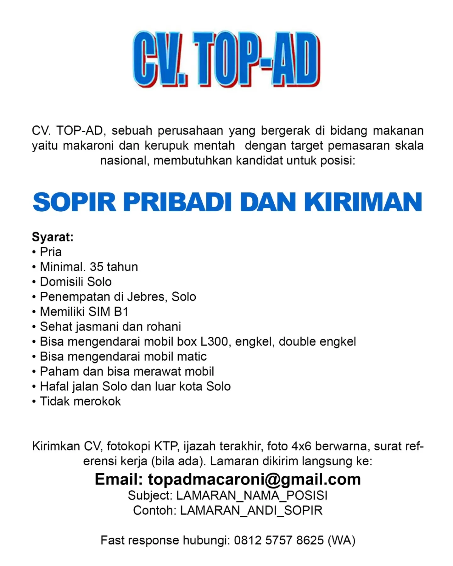 Poster Lowongan Kerja Sopir Pribadi dan Kiriman - CV. TOP-AD