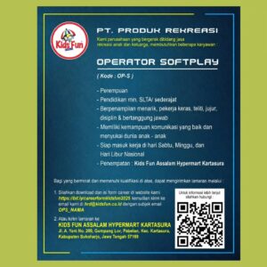 Lowongan Kerja ASISTEN SUPERVISOR di PT. PRODUK REKREASI (KIDS FUN) (Seluruh cabang Kids Fun (Jawa, Kalimantan, Sulawesi))