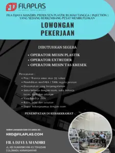 Lowongan Kerja di FILAPLAS (Fila Djaya Mandiri) (Operator Mesin Plastik, Operator Extruder, & Operator Mesin Tas Kresek) – Karanganyar