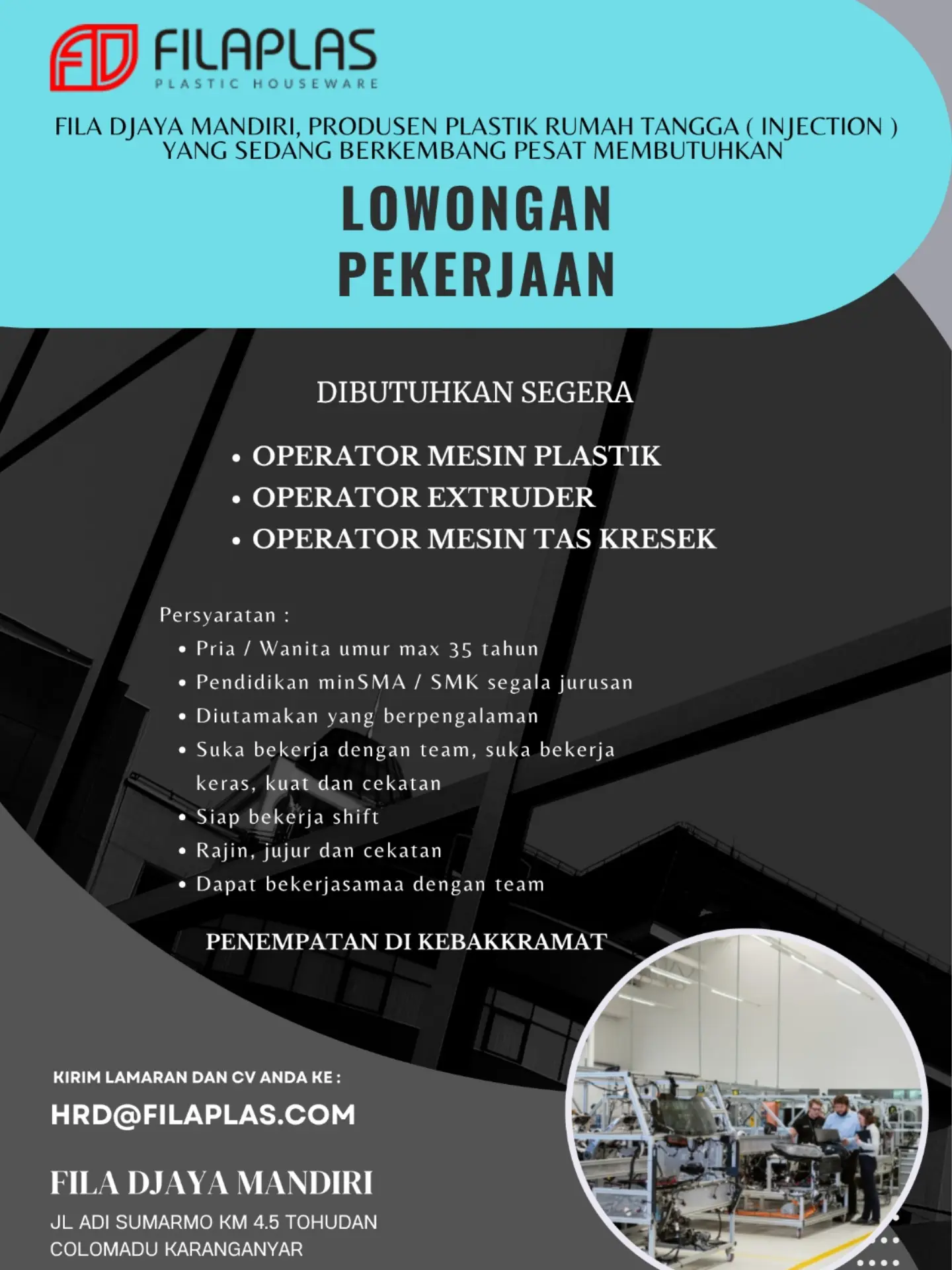 Poster Lowongan Kerja FILAPLAS (Fila Djaya Mandiri)